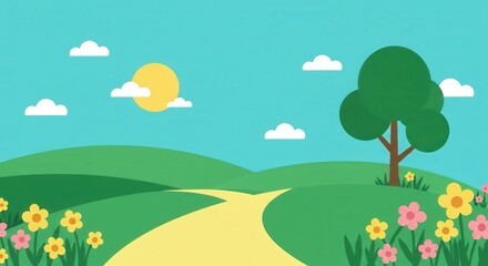 Fototapeta premium Bright sunshine illuminates rolling green hills with a winding pathway and blooming flowers
