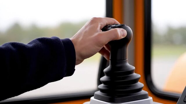 A hand operating a black joystick inside a vehicle with an orange interior and a window view