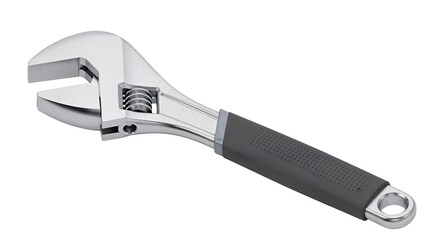 Obraz premium Adjustable wrench with a chrome finish and rubber grip handle on transparent background