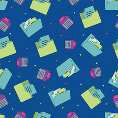 Seamless pattern featuring colorful folders and documents scattered on a blue background perfect for office work data management digital file and organization themed designs