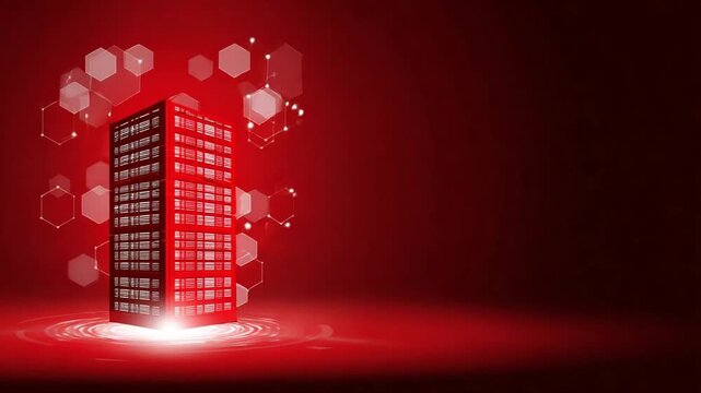 Abstract illustration of a server tower emitting red light on a dark red background