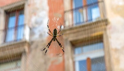 Spider sits centered in web against blurred old building.  Background softened with soft color