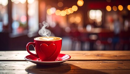 Steaming cappuccino in a red heart mug sits on a rustic wooden table in a cozy, blurred caf? setting