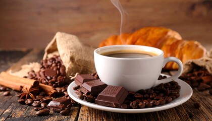 Steaming coffee, chocolate, and a croissant on a rustic wood surface create a cozy, tempting still life