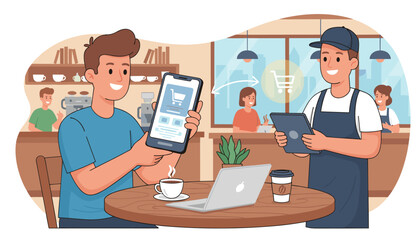 Customer making mobile payment for online shopping at a coffee shop, with a barista using a tablet to process the order, illustrating digital commerce and convenient transactions in a cafe