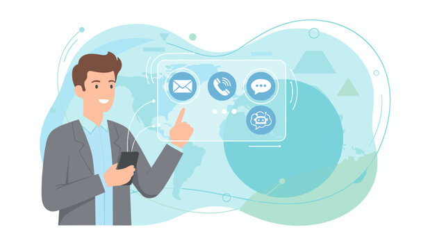 Smiling businessman in a suit holding a smartphone and interacting with a futuristic interface displaying icons for email, phone call, chat, and chatbot, symbolizing global customer support and - Powered by Adobe