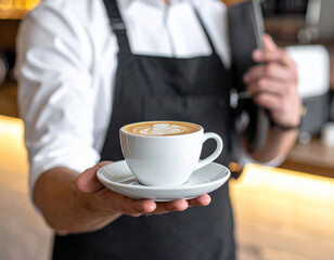 Waiter in black apron stretches a cup of coffee