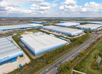 Aerial view of distribution business park warehouses in England