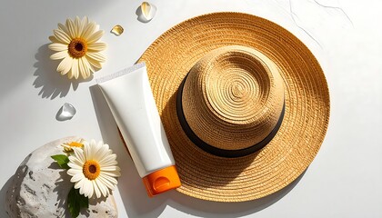Summer still life with straw hat, sunscreen, flowers, and rocks on a bright, textured background