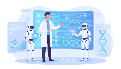 Obraz premium Futuristic medical technology concept: A scientist in a lab coat interacts with advanced AI robots and holographic displays showing DNA analysis, brain scans, and big data charts, representing