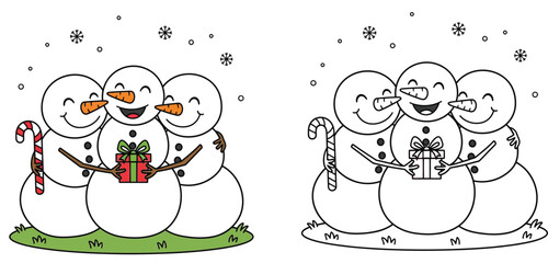 Three Happy Snowmen Celebrating Christmas with a Gift and Candy Cane - Festive Winter Holiday Cartoon Illustration