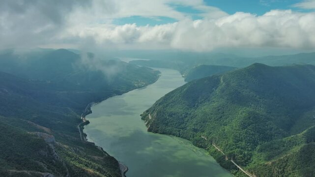 Aerial view on the Danube river and mountains in Djerdap National Park, Serbia Romania border, 4k