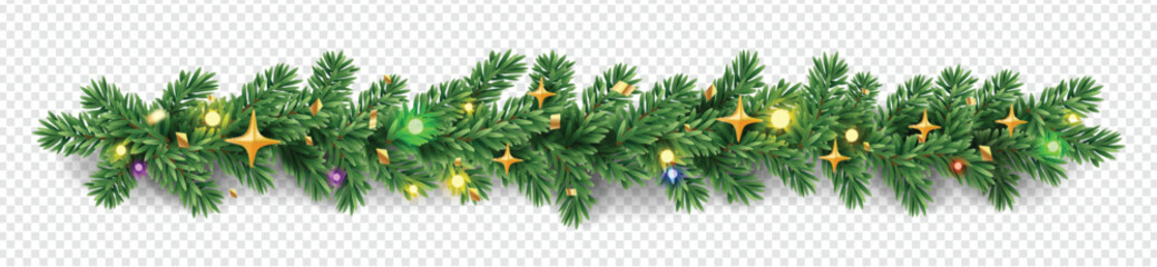 Border with green fir branches, gold stars, yellow red green lights and confetti on transparent background. Pine, xmas evergreen plants banner. Vector Christmas tree garand decoratilon