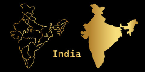 Golden line map of India, Vector India map  and country letteringf with golden name on black background,India Map ,India borders,Vector illustration. © cmmedia99