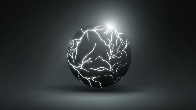 Abstract cgi animation of a black sphere electrified with glowing lightning strikes