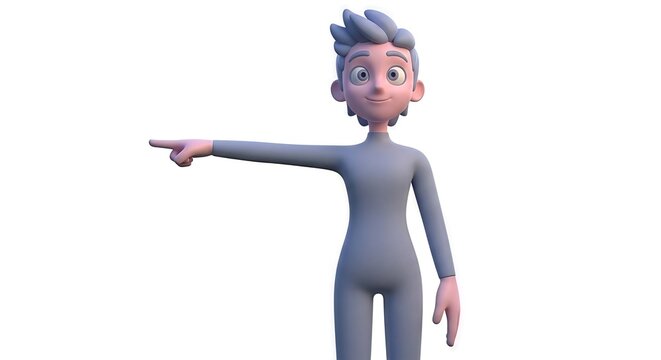 Stylized character directing attention with decisive hand gesture, rendered in 3D graphic art