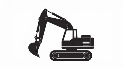 Clean black silhouette icon of a powerful construction excavator, a heavy-duty industrial machine for earthmoving, digging, and site preparation projects