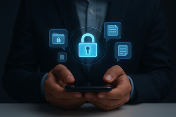 Mobile device cyber security concept with digital lock icon representing privacy protection and sensitive data confidentiality