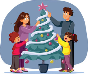 Happy Family Decorating Christmas Tree Together Vector Illustration. People preparing their home for the winter holidays 