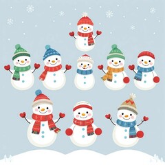 Cheerful Snowmen in Colorful Hats and Scarves Holding Hearts Against a Light Blue Winter Background with Snowflakes