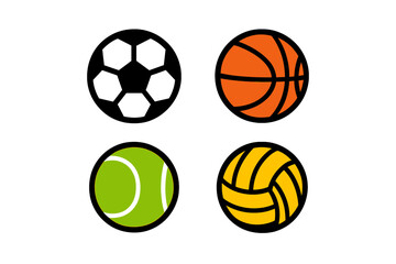 Four popular sports balls icons set: soccer, basketball, tennis, and volleyball symbols