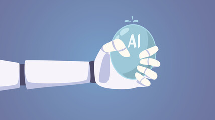 Robotic Hand Squeezing the Ai Speculative Bubble  Vector Illustration. New tech business based on the promise of futuristic innovations about to burst