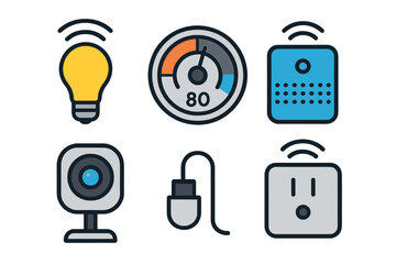 Smart home technology icons set featuring light bulb, thermostat, security camera, and connected devices
