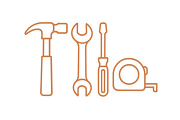 Set of essential construction and repair hand tools: hammer, wrench, screwdriver, and tape measure