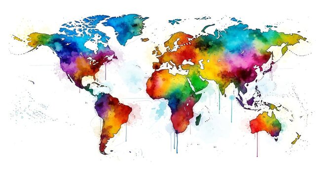 Vibrant watercolor world map illustration showcases artistic global representation