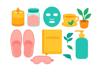 Essential items for a relaxing self-care routine featuring spa products, comfortable slippers and a personal journal