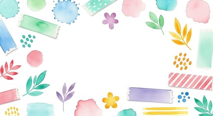 Watercolor botanical frame design with soft pastel shades and washi tape elements creating a