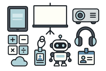 Modern technology and business symbols featuring robot, tablet, projector, and ID badges