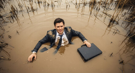 Businessman Stuck in Mud, Slow Progress and Stagnation in Business