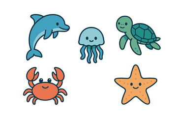 Smiling marine animals collection featuring dolphin jellyfish sea turtle crab sea star