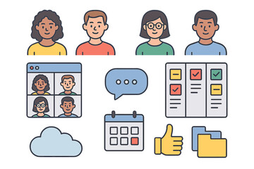 Modern icon set representing digital communication, remote work, and team collaboration tools