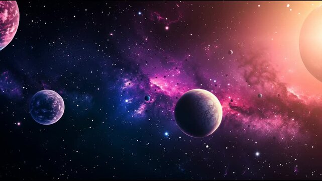 Vibrant nebulae illuminating distant planetary landscapes, revealing intricate cosmic structures glowing with intense red, purple, and blue hues against dark interstellar expanses