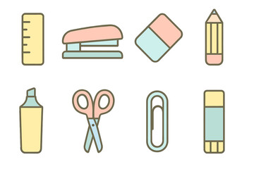 Essential school and office supplies set with ruler, stapler, pencil, scissors, and highlighter icons