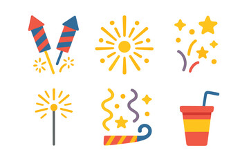 Colorful celebration elements including fireworks, sparkler, confetti, party horn, and soda cup