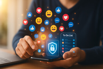 Online communication security concept with floating social media emoji reactions and digital privacy protection lock