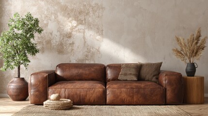 Contemporary brown leather couch placed against neutral wall, cozy interior lit by soft warm light, modern living room mockup concept
