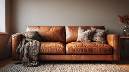 Contemporary brown leather couch placed against neutral wall, cozy interior lit by soft warm light, modern living room mockup concept