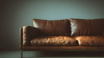 Contemporary brown leather sofa bathed in golden hour light, soft neutral background, stylish mockup for artwork or brand presentation