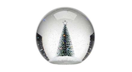 A festive Christmas snow globe with a decorated miniature tree and sparkling glitter falling like snow inside.