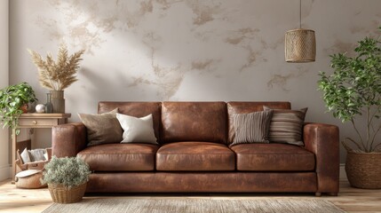 Contemporary brown leather couch placed against neutral wall, cozy interior lit by soft warm light, modern living room mockup concept