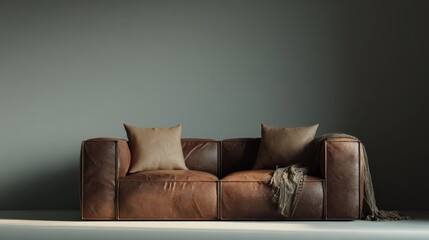Contemporary brown leather sofa bathed in golden hour light, soft neutral background, stylish mockup for artwork or brand presentation