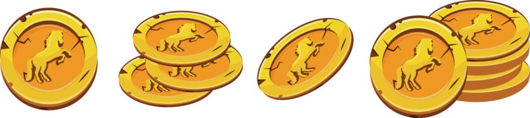set of gold gaming coins with a design of a jumping horse, which is a symbol of 2026, for gaming and thematic designs