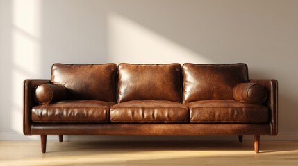 Contemporary brown leather sofa bathed in golden hour light, soft neutral background, stylish mockup for artwork or brand presentation
