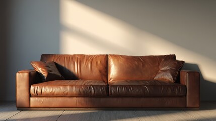 Contemporary brown leather sofa bathed in golden hour light, soft neutral background, stylish mockup for artwork or brand presentation