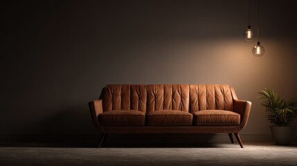 Elegant brown leather sofa illuminated by warm ambient lighting in minimalist living room mockup, empty wall space for design placement, serene atmosphere