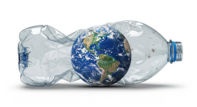 Planet Earth enclosed inside a crumpled plastic bottle, global plastic waste pollution problem for environmental awareness and environmental protection. Isolated on white background